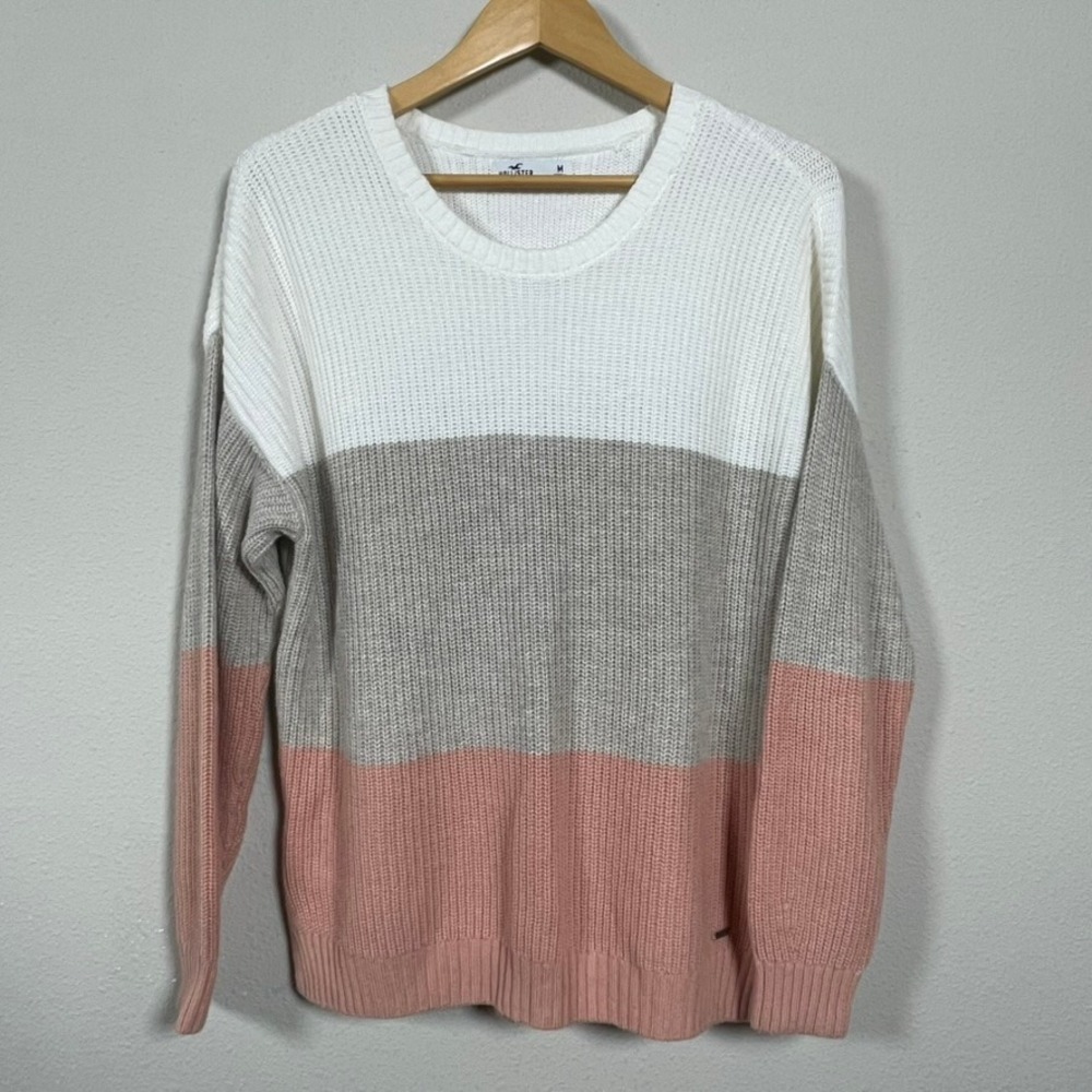 Hollister Colorblock Sweater Womens M Pink White Taupe Ribbed Knit Crew Neck